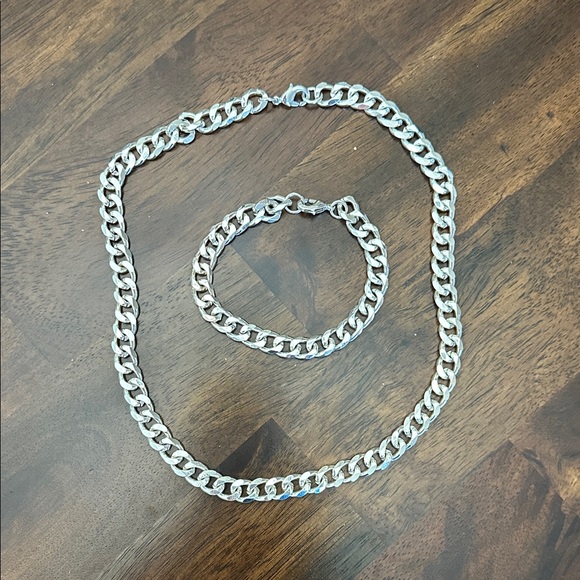 Other - Silver  Cuban Chain Necklace and Bracelet Set 18” necklace